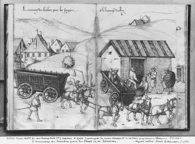 Zilvermijn van La Croix-aux-Mines, Lorraine, fol.5v en fol.6r, transport en levering van kolen voor de smederijen, c.1530 door Heinrich Gross or Groff